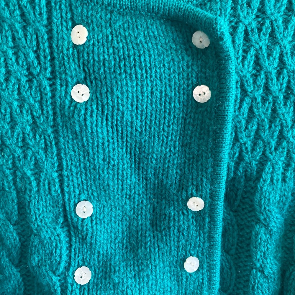 VTG 80s ROBERT SCOTT Women Green SHETLAND‎ WOOL DOUBLE BREASTED CARDIGAN Size 40 - Picture 3 of 11